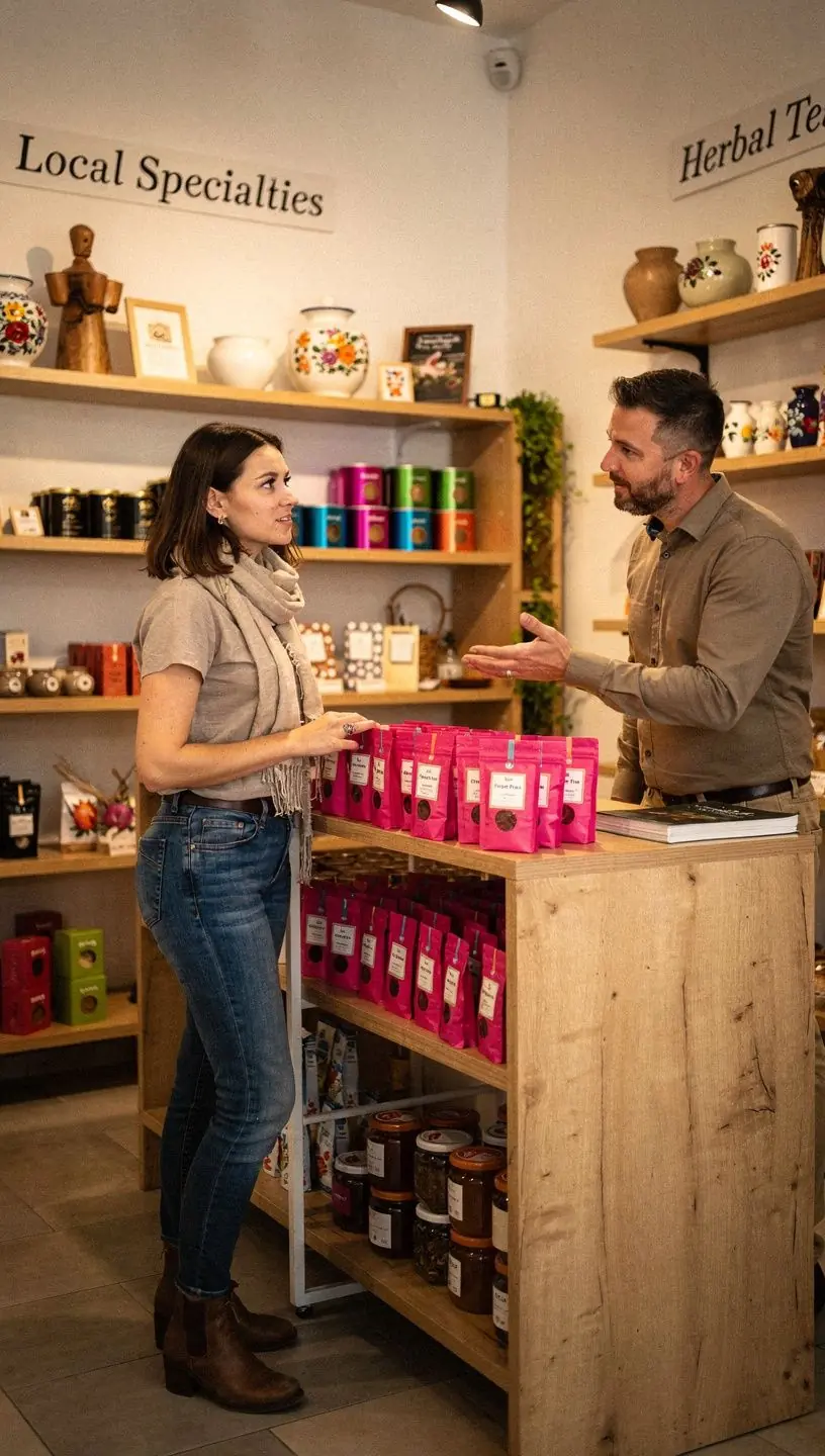 Sárkánygyümölcs tea, háttérben naplementés táj, élénk színekben.