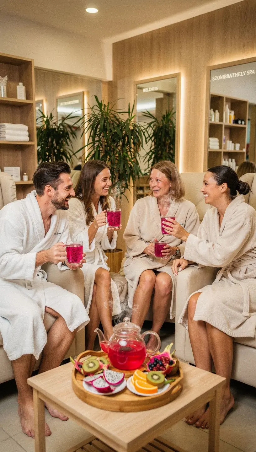 Elegáns teás készlet, benne sárkánygyümölcs tea, friss gyümölcsökkel díszítve.