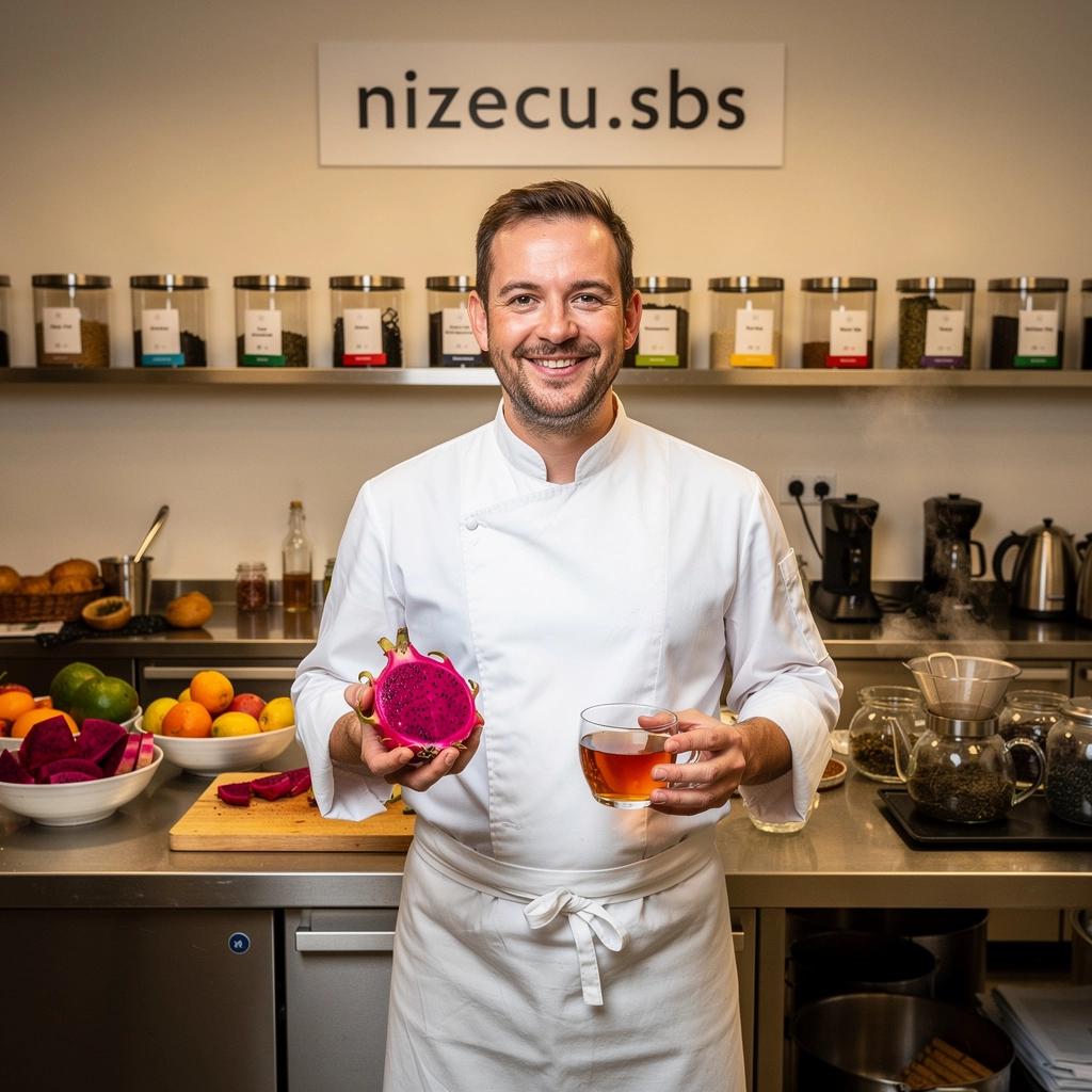 Gyönyörű rózsaszín tea, háttérben zöld levelek és trópusi gyümölcsök.