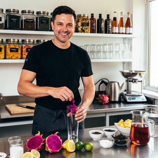 Közelkép sárkánygyümölcs teáról, amely színes és ízletes gyümölcsökkel van díszítve.